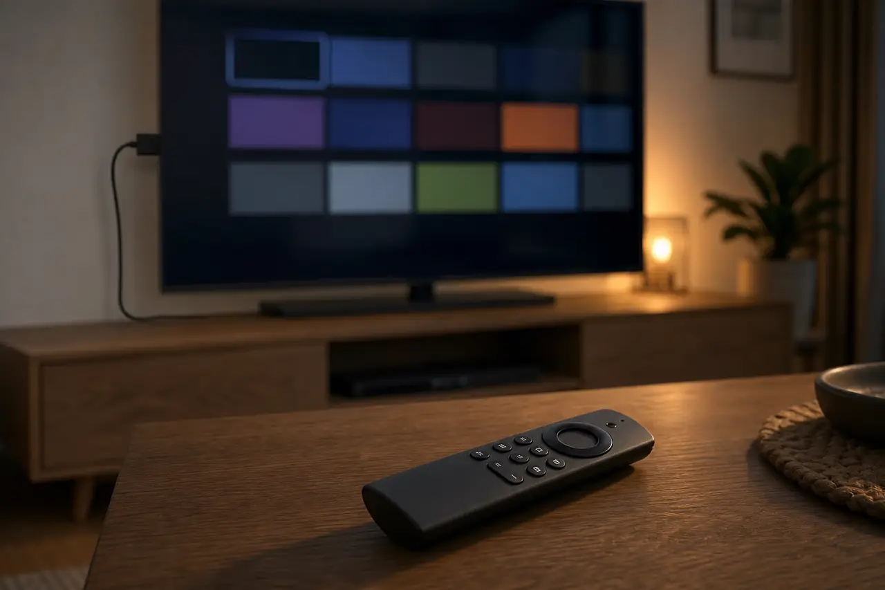 Fire TV Stick mit Home-Bildschirm und daneben liegender Fernbedienung ohne geöffnetes Gehäuse