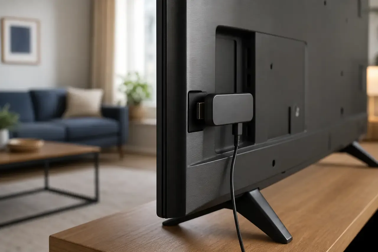 Fire TV Stick am HDMI-Anschluss eines Fernsehers mit sichtbarem Netzkabel und leerem Bildschirm