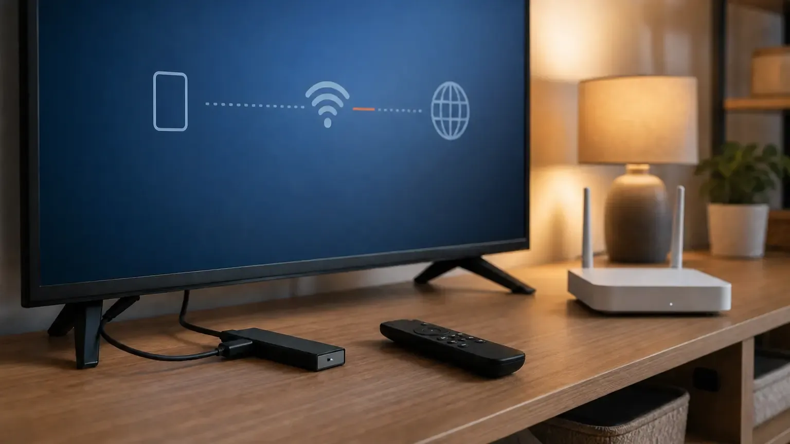 Fire TV Stick am Fernseher mit WLAN-Fehlermeldung und Router im Hintergrund