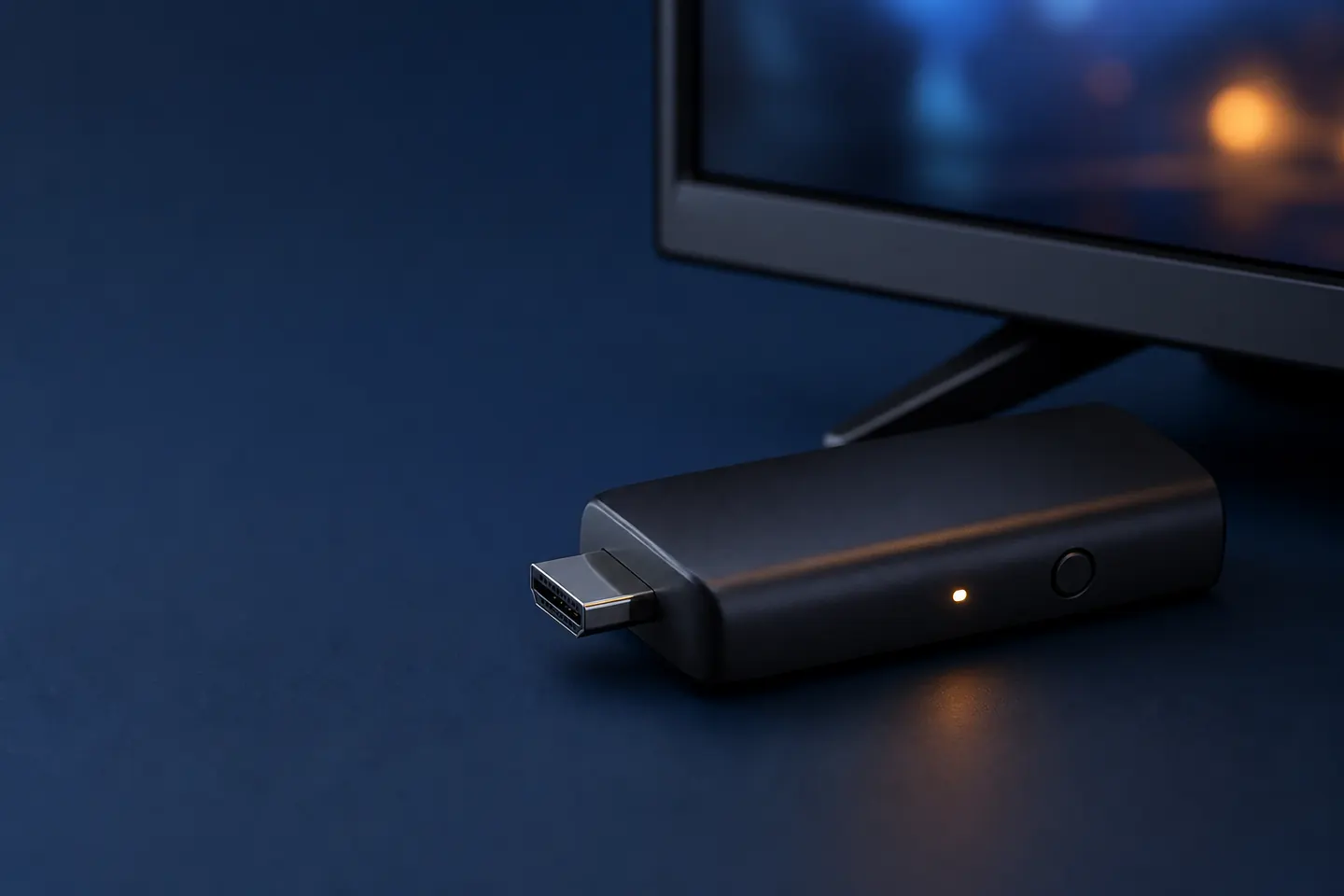 Generischer HDMI-Streamingstick mit Statusleuchte und Resetknopf vor einem Fernseher