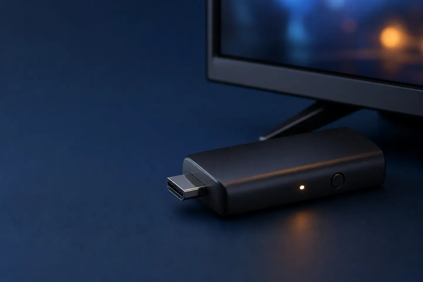 Generischer HDMI-Streamingstick mit Statusleuchte und Resetknopf vor einem Fernseher