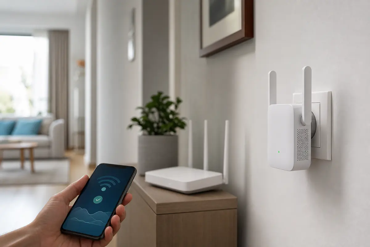 Heller WLAN-Repeater in einer Wandsteckdose zwischen Router und Smartphone
