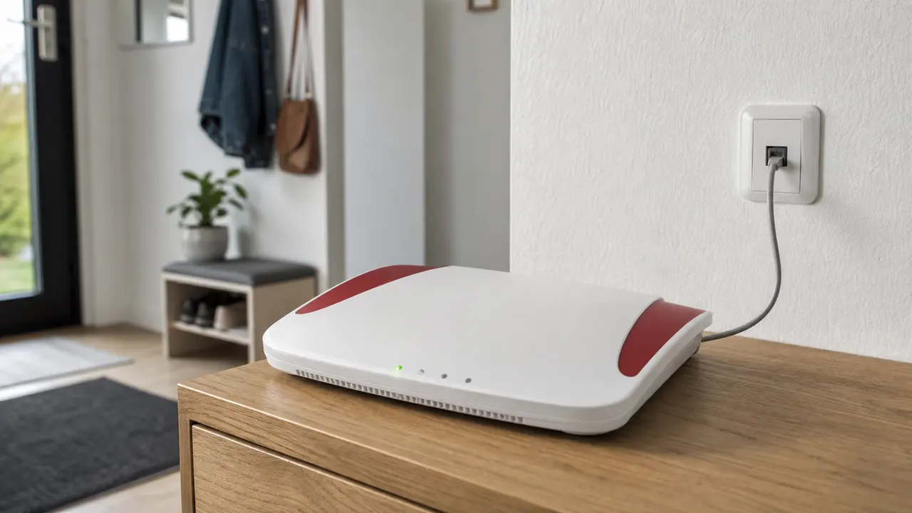 Heller Router mit grüner Statusleuchte neben einer angeschlossenen Wanddose