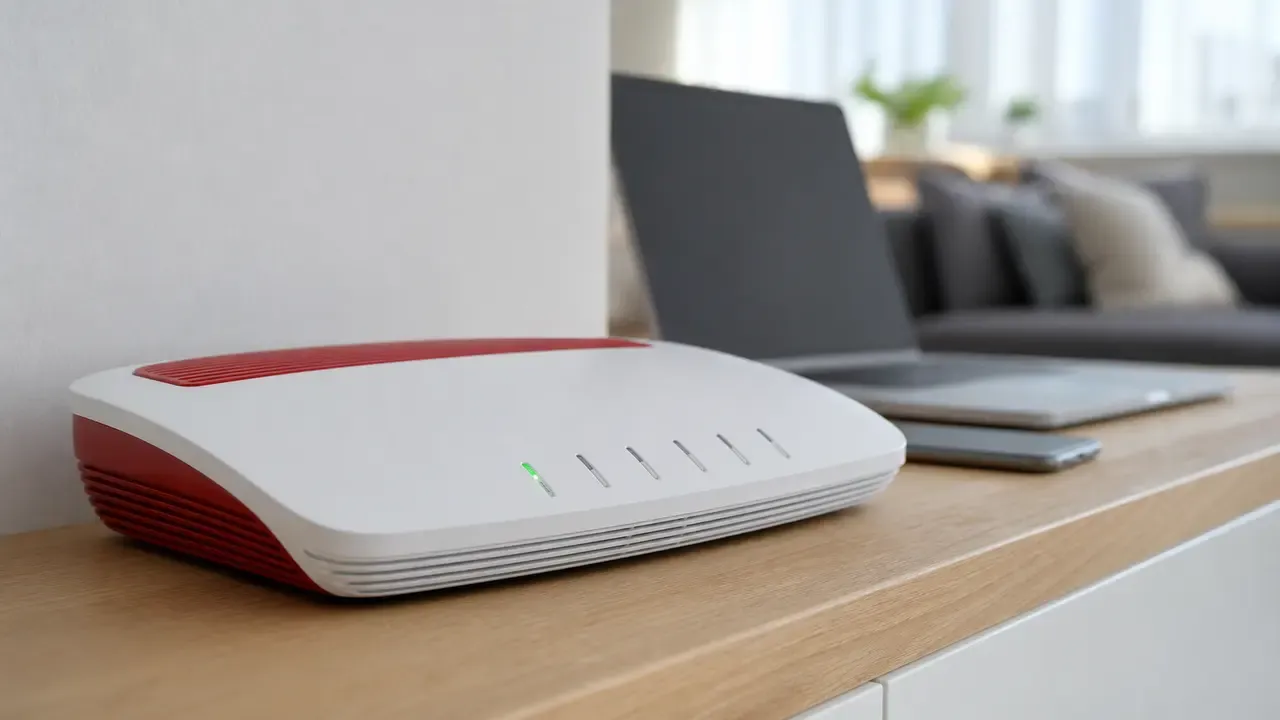 Heller WLAN-Router mit grüner Statusleuchte neben einem Smartphone