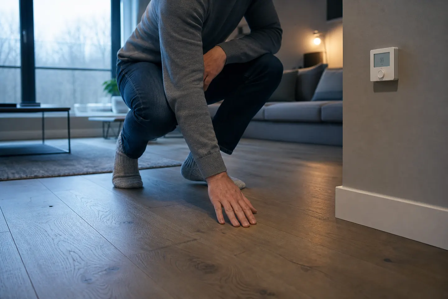 Person prüft in einem kühlen Wohnraum den Fußboden neben einem eingeschalteten Raumthermostat