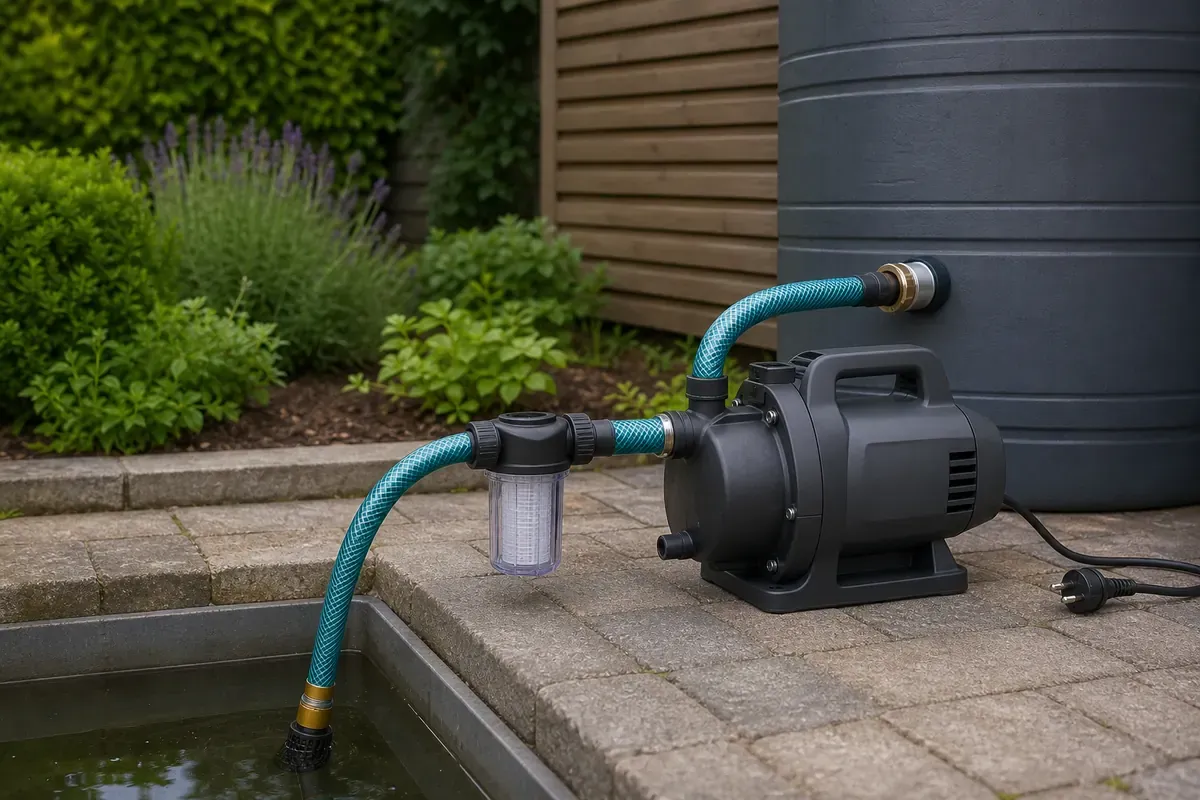 Elektrische Gartenpumpe mit trockenem Netzstecker, Saugschlauch, Vorfilter und offener Wasserentnahme