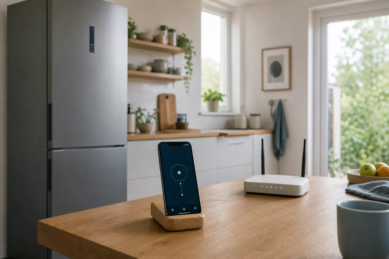 Markenneutraler Kühlschrank neben Smartphone und Router bei einer Verbindungsprüfung