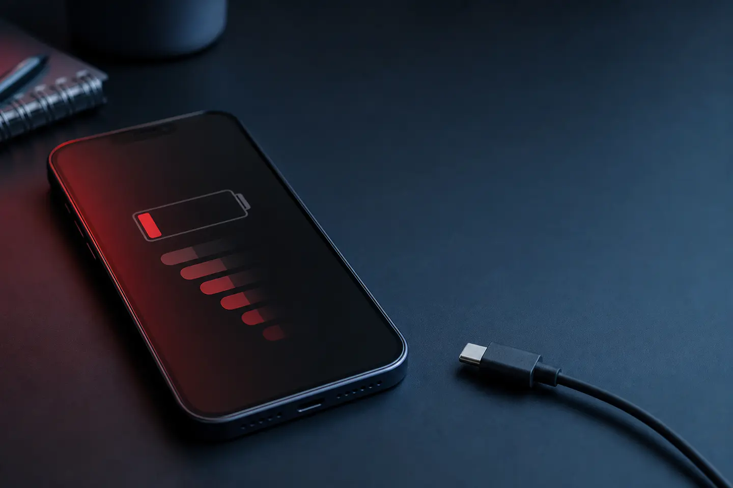 Smartphone mit roter Akkuanzeige neben einem Ladekabel auf dunklem Tisch