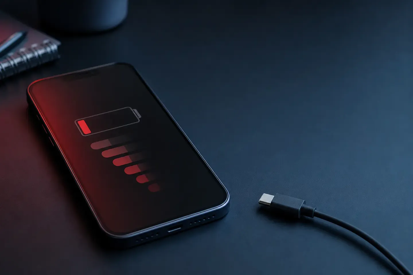 Smartphone mit roter Akkuanzeige neben einem Ladekabel auf dunklem Tisch