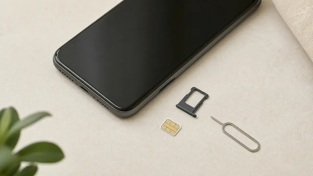 Markenfreies Smartphone neben SIM-Fach, Nano-SIM und Auswerferwerkzeug