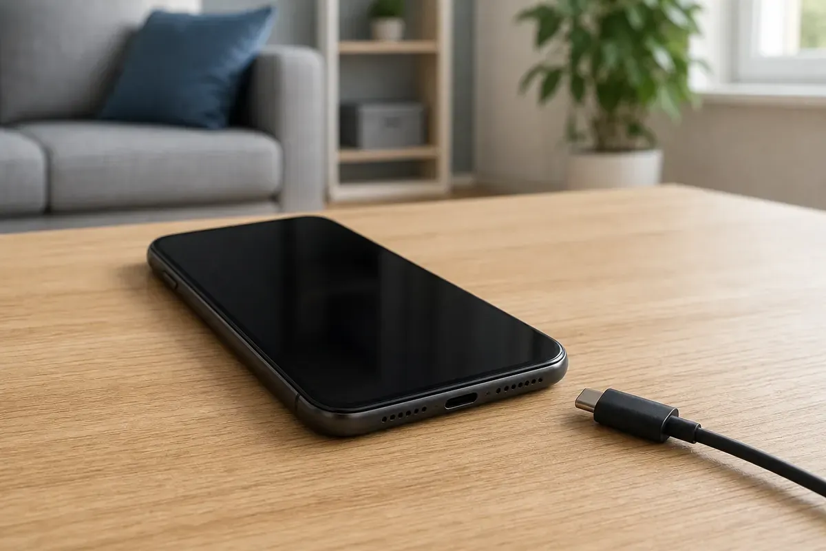 Smartphone mit leerem Display und Ladeanzeige auf einem Tisch