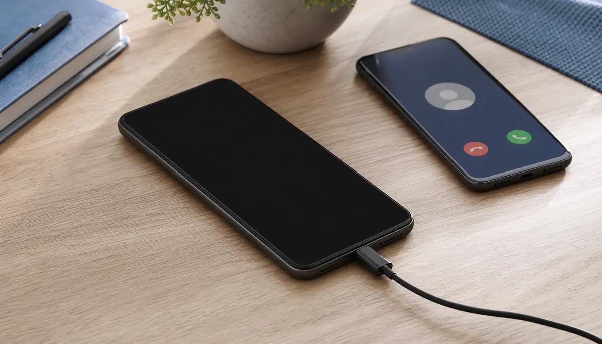 Markenfreies Smartphone mit schwarzem Display am Ladekabel neben einem zweiten Telefon mit Anrufanzeige