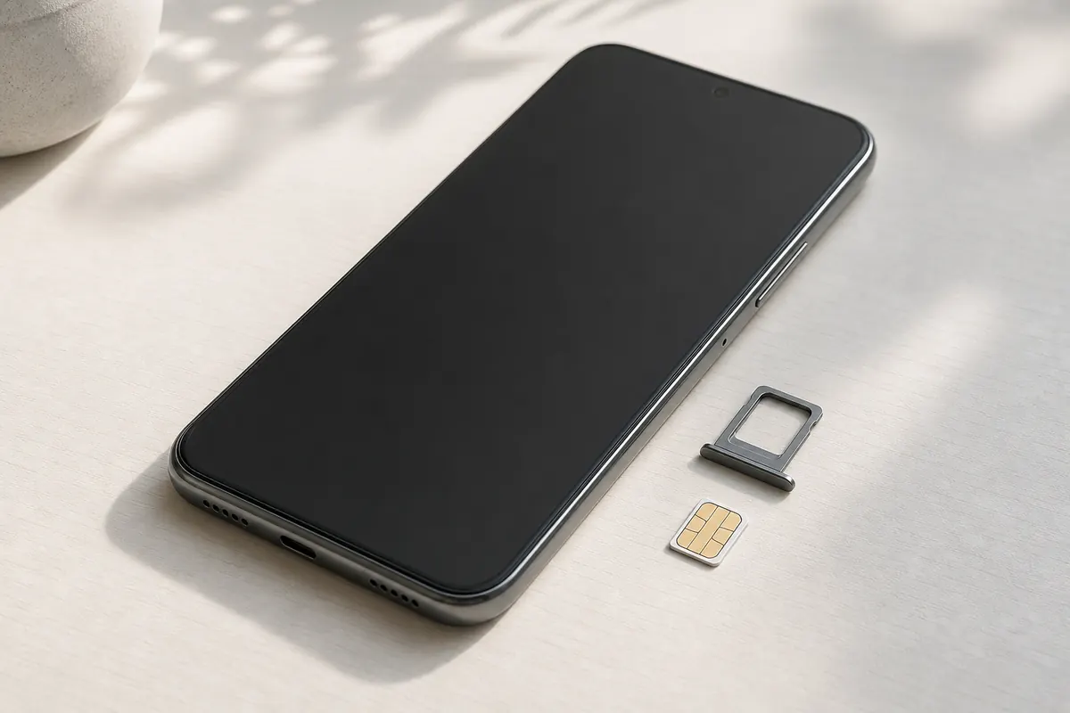 Smartphone mit dunklem Display neben SIM-Schlitten und Nano-SIM auf heller Fläche