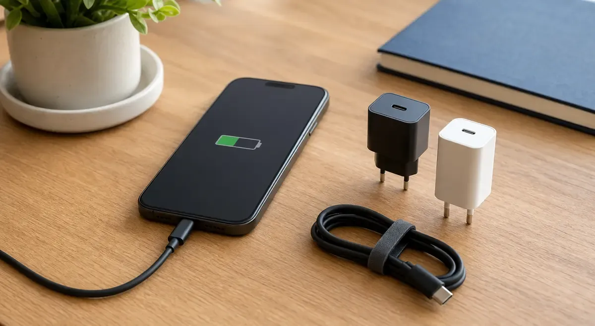 Markenfreies Smartphone mit Batteriesymbol neben zwei Netzteilen und einem unbeschädigten USB-C-Kabel
