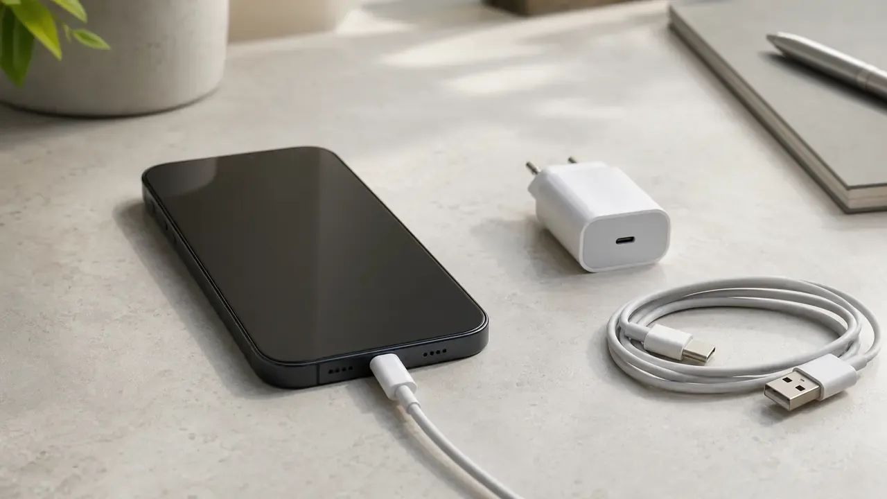 Markenfreies Smartphone mit Ladekabel neben Netzteil und zweitem Kabel