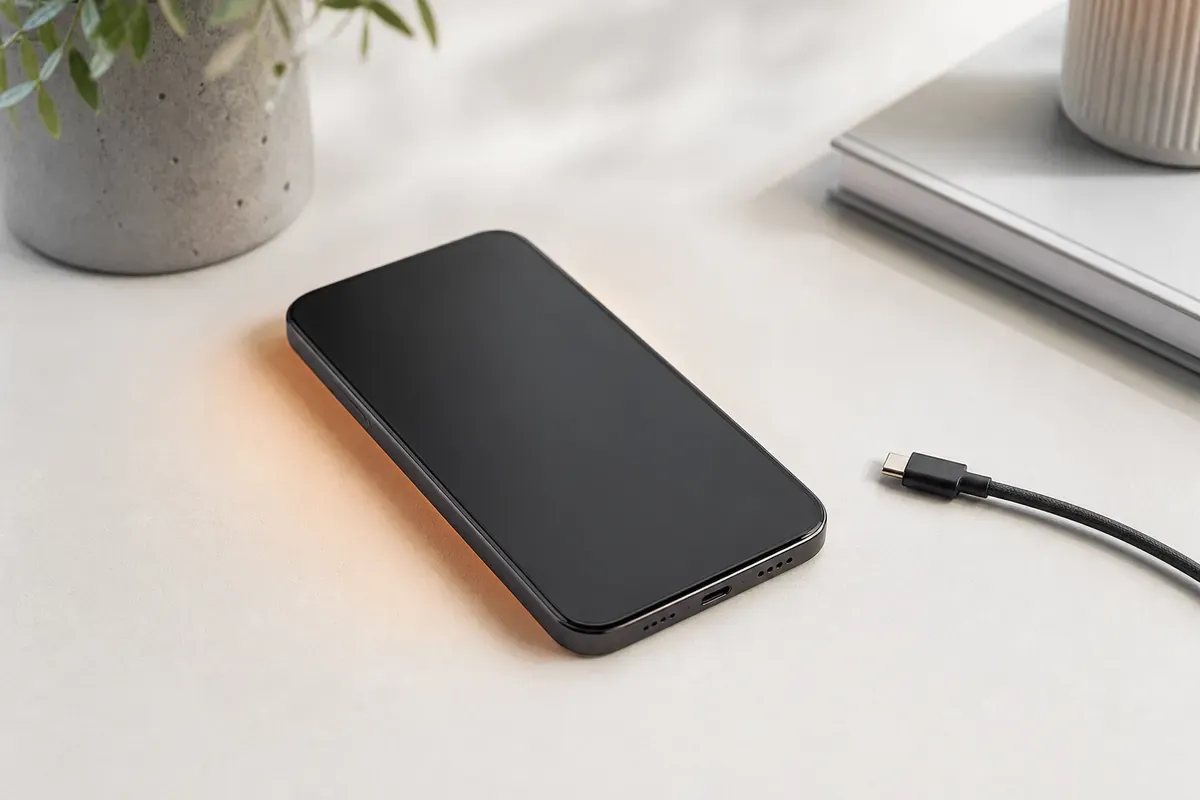 Smartphone auf einer hellen Oberfläche neben einem abgezogenen Ladekabel