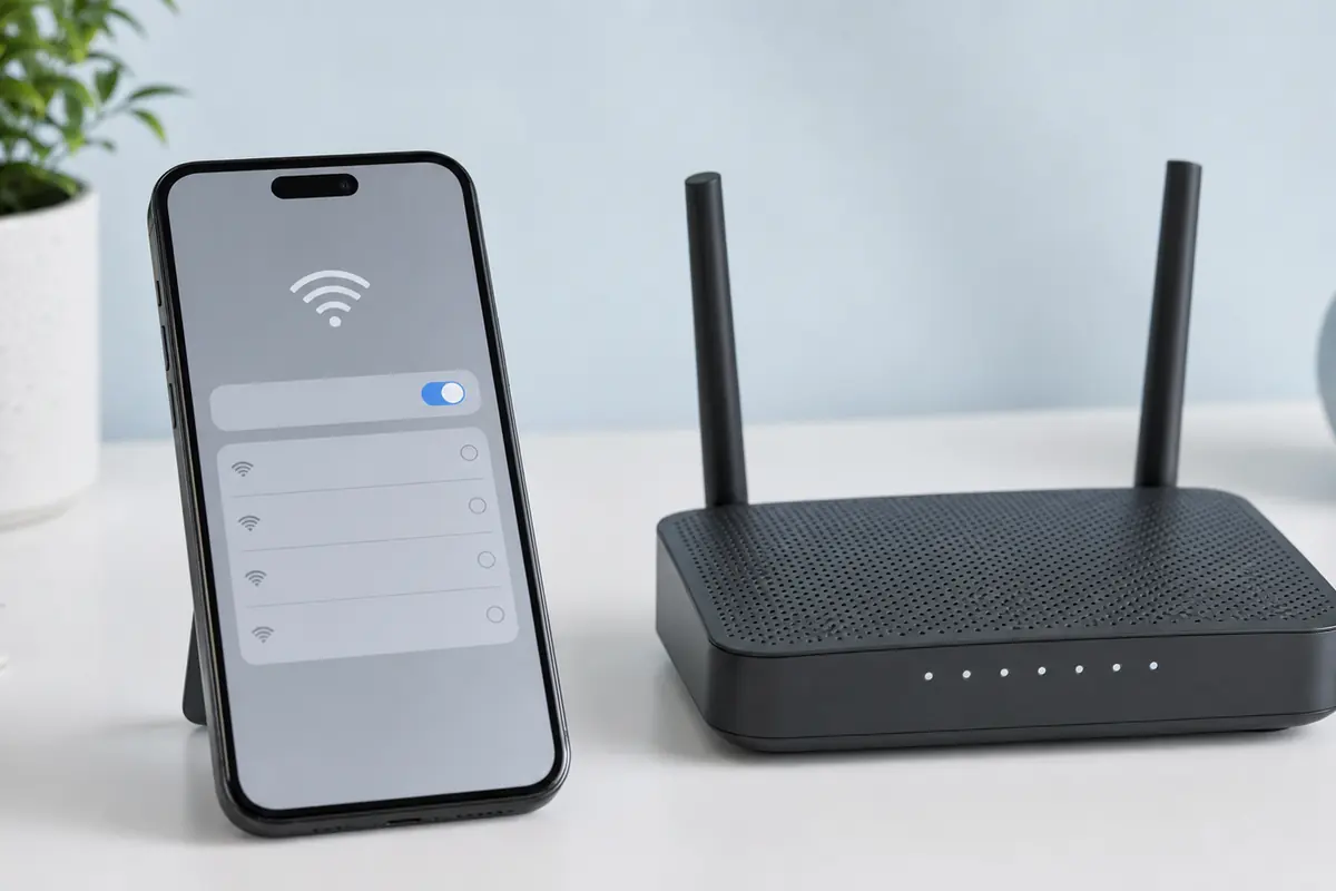 Smartphone mit geöffneter WLAN-Ansicht neben einem schwarzen Heimrouter