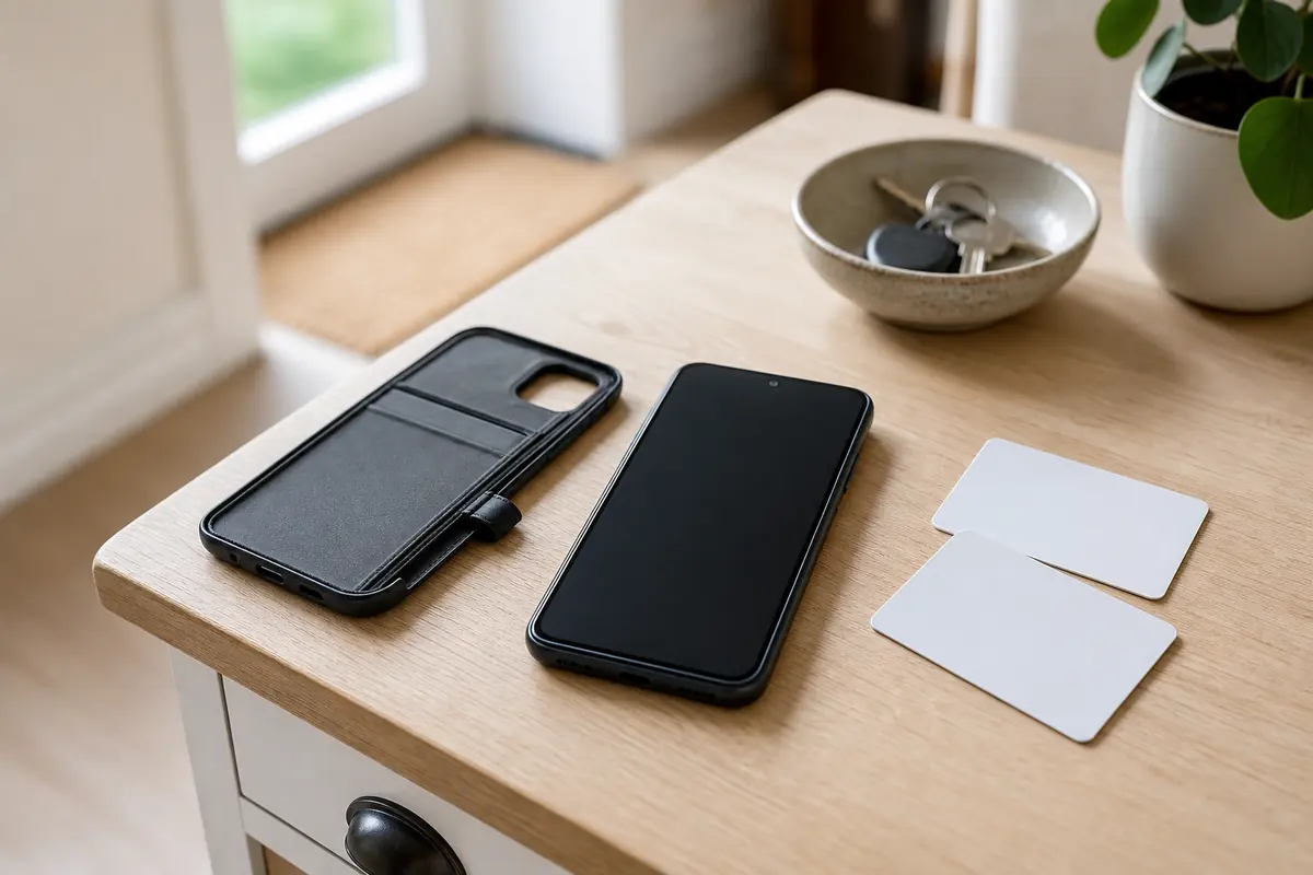 Smartphone neben abgenommener Kartenhülle und zwei unbeschrifteten Karten