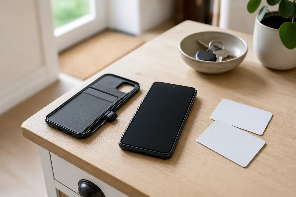 Smartphone neben abgenommener Kartenhülle und zwei unbeschrifteten Karten