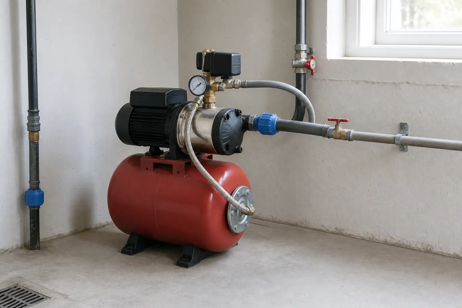 Hauswasserwerk mit Druckkessel und angeschlossenen Schläuchen in einem Technikraum