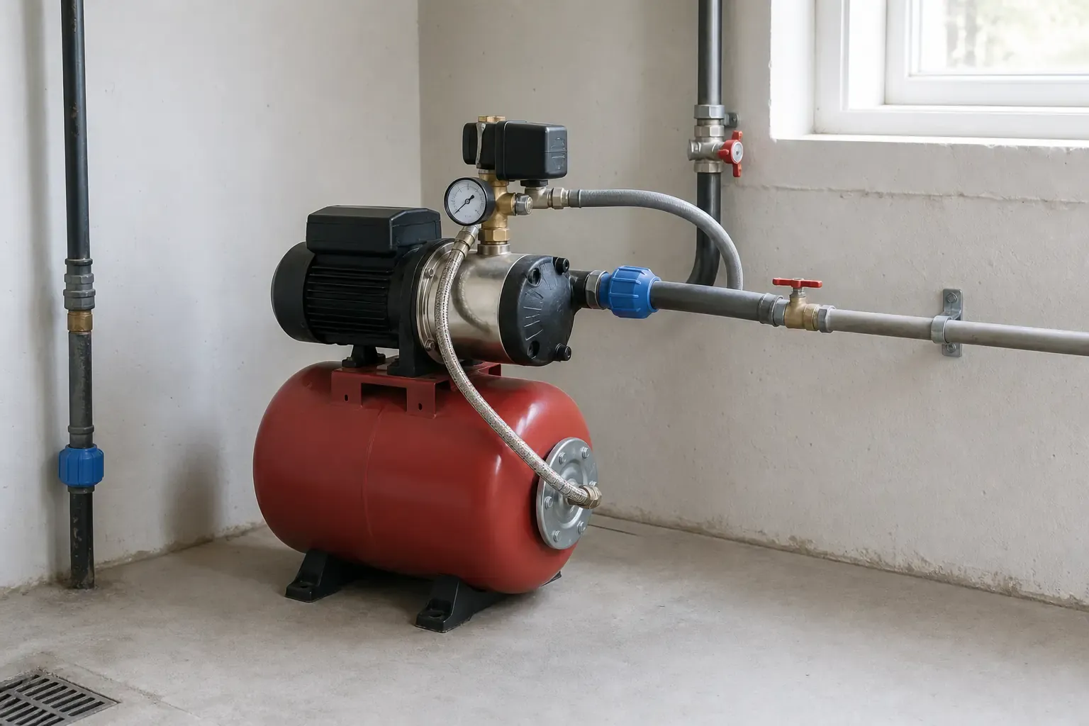 Hauswasserwerk mit Druckkessel und angeschlossenen Schläuchen in einem Technikraum