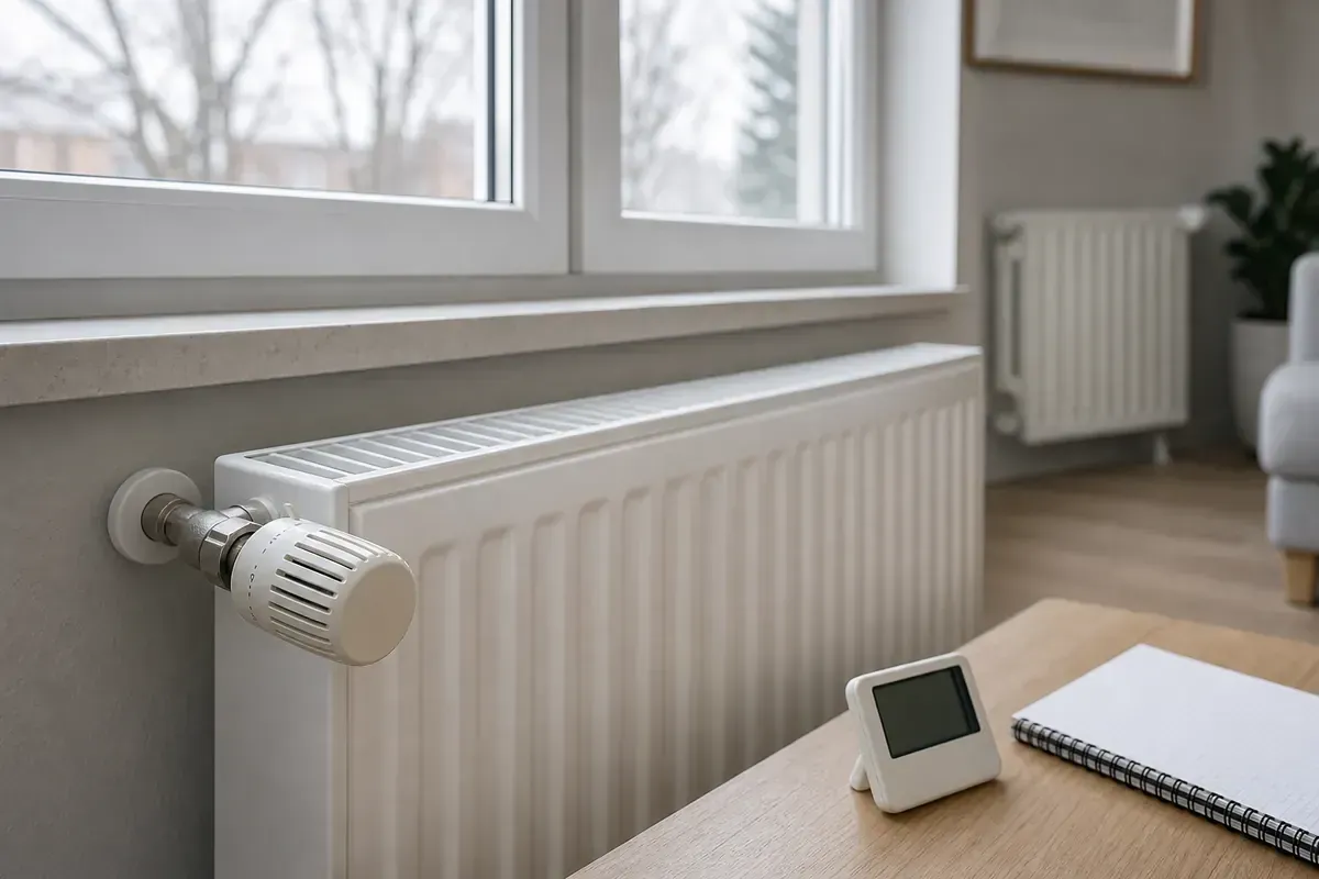 Geschlossener Heizkörper mit Thermostat, Raumthermometer und Notizbuch in einem winterlichen Wohnraum
