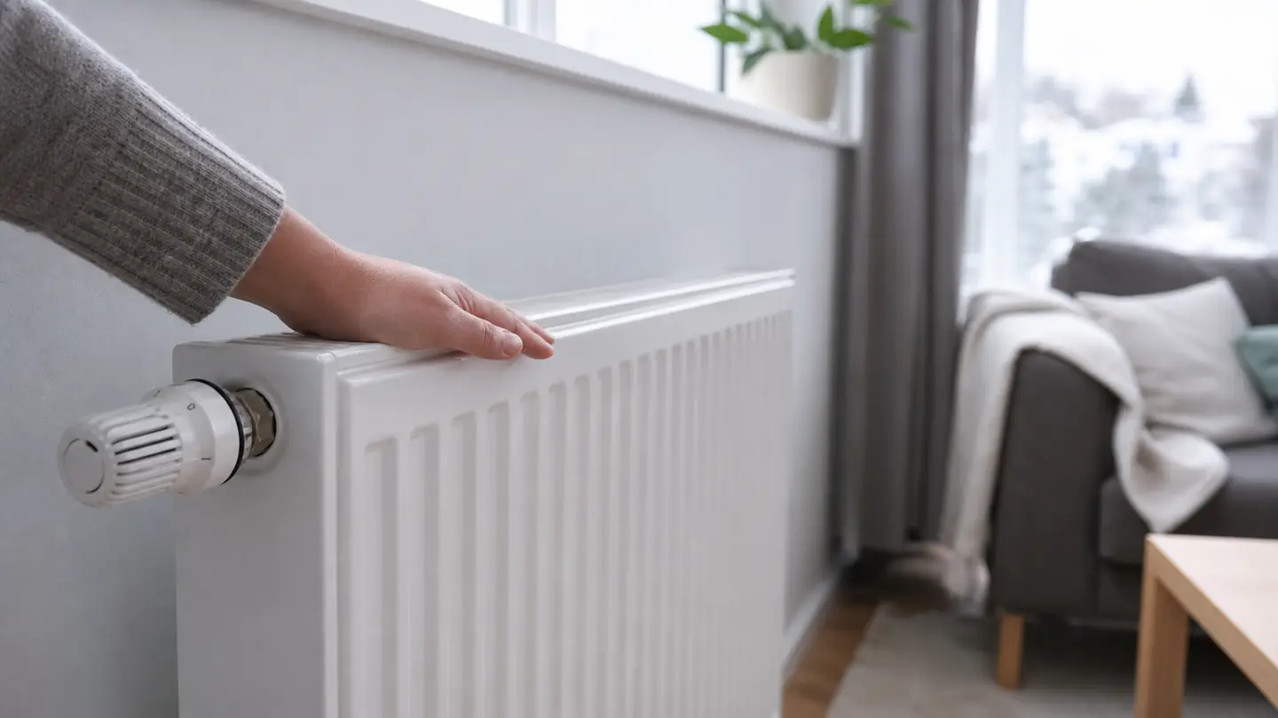Hand prüft einen kalten Heizkörper mit sichtbarem Thermostat in einem Wohnraum