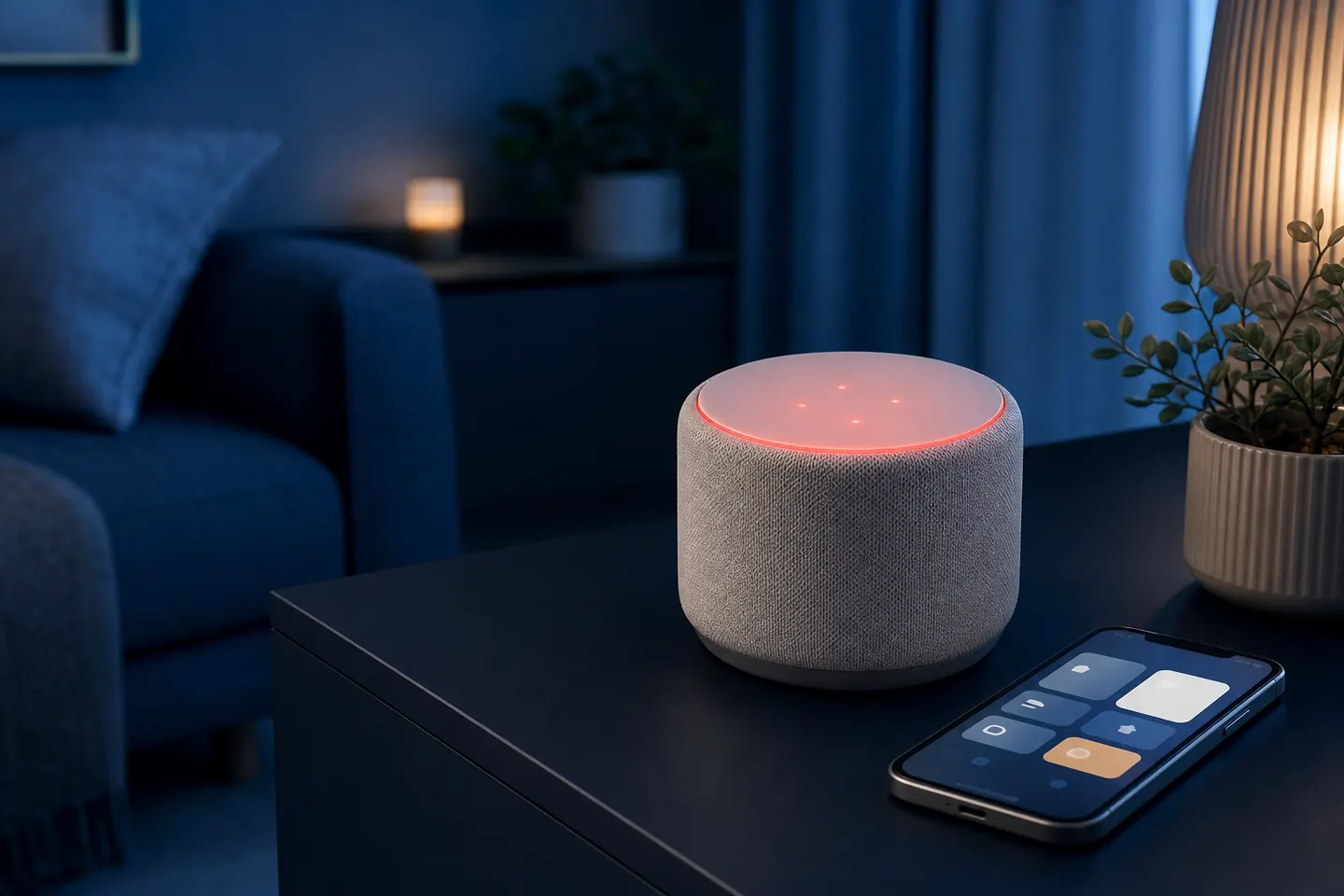 Generischer smarter Lautsprecher mit roter Statusleuchte neben einem Smartphone mit Haussteuerung
