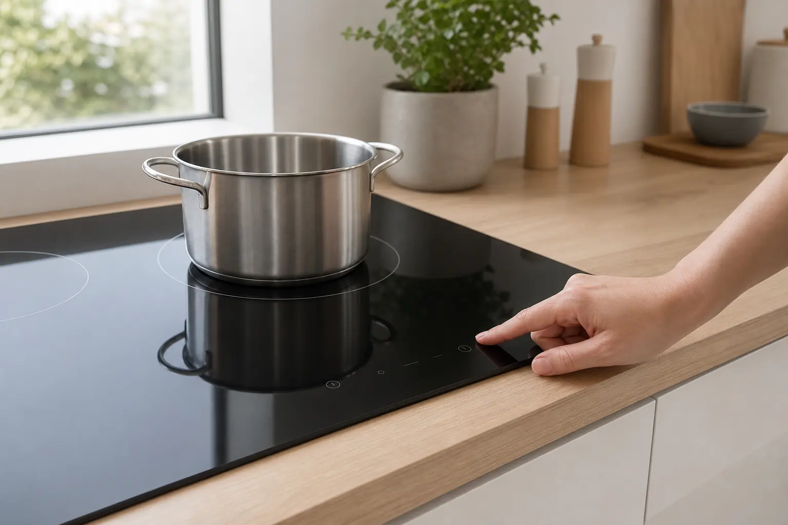 Hand über dem Touch-Bedienfeld eines dunklen Induktionskochfelds mit Topf auf der Kochfläche