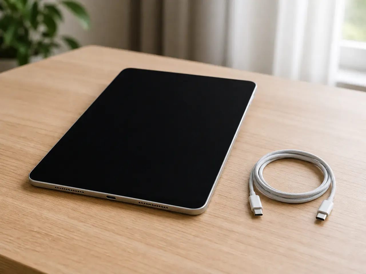 Silbernes Tablet mit schwarzem Bildschirm neben einem aufgewickelten USB-C-Kabel
