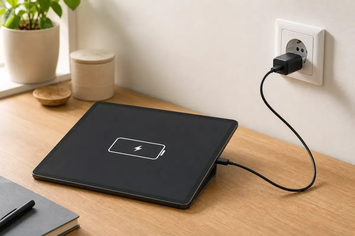 Markenfreies Tablet mit Batteriesymbol am USB-C-Kabel und Netzteil in einer deutschen Steckdose