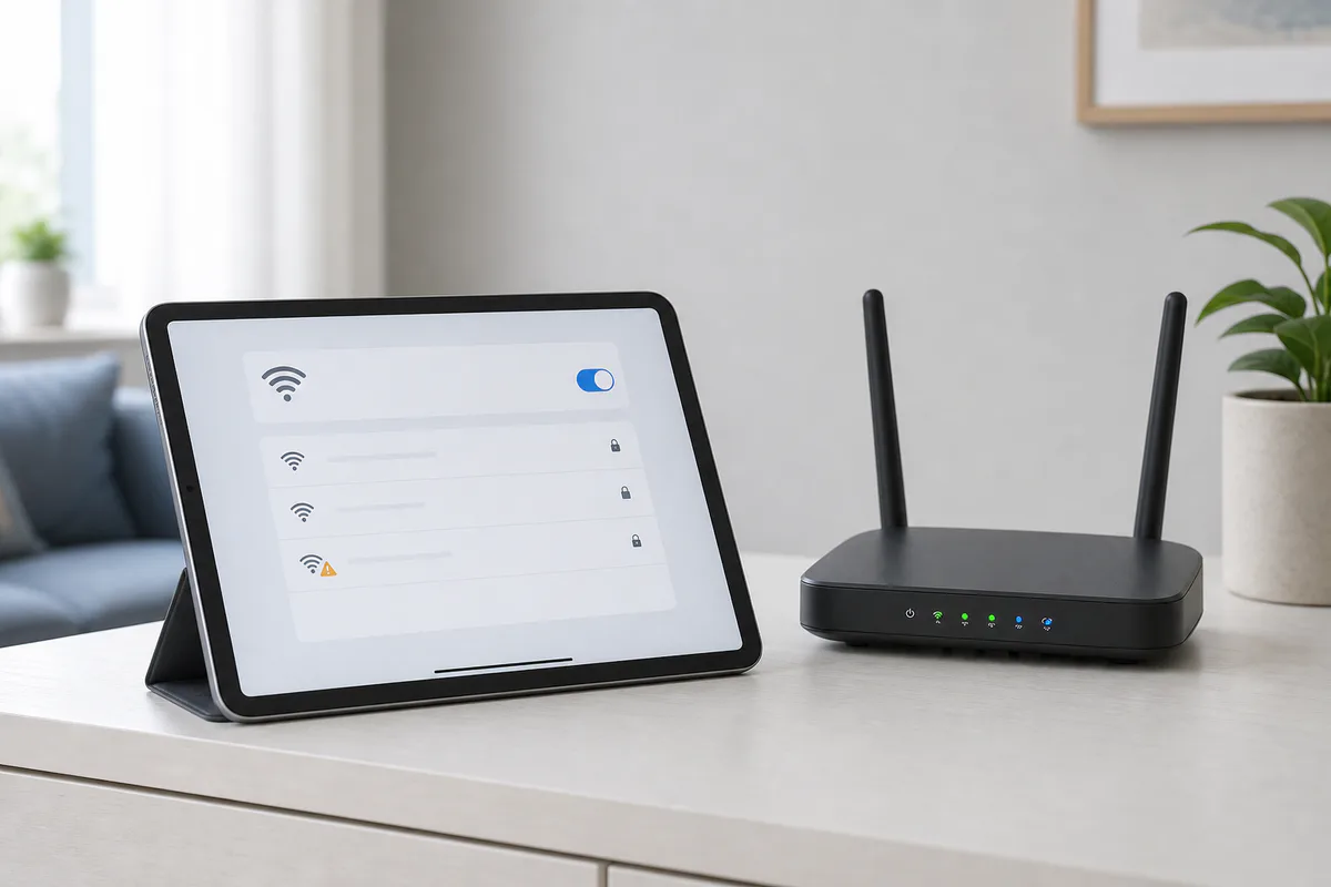 iPad mit geöffneten WLAN-Einstellungen neben einem eingeschalteten Router