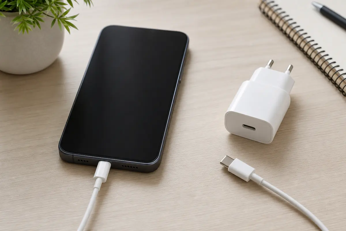 Smartphone mit dunklem Display am Ladekabel neben einem USB-Netzteil