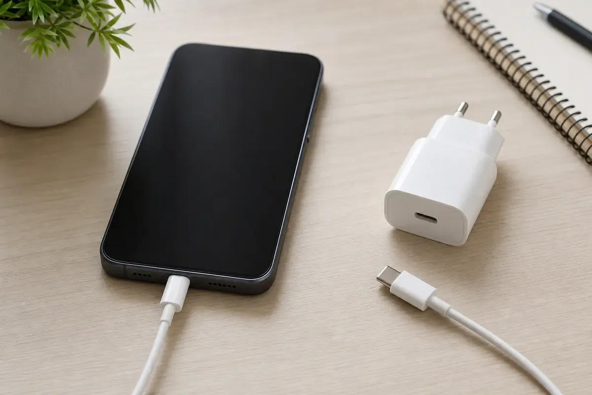 Smartphone mit dunklem Display am Ladekabel neben einem USB-Netzteil