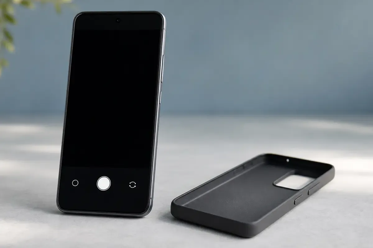 Smartphone mit schwarzer Kameravorschau neben abgenommener Schutzhülle