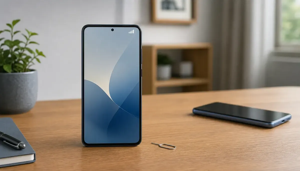 Markenfreies Smartphone mit Mobilfunksymbol neben SIM-Werkzeug und einem zweiten Telefon