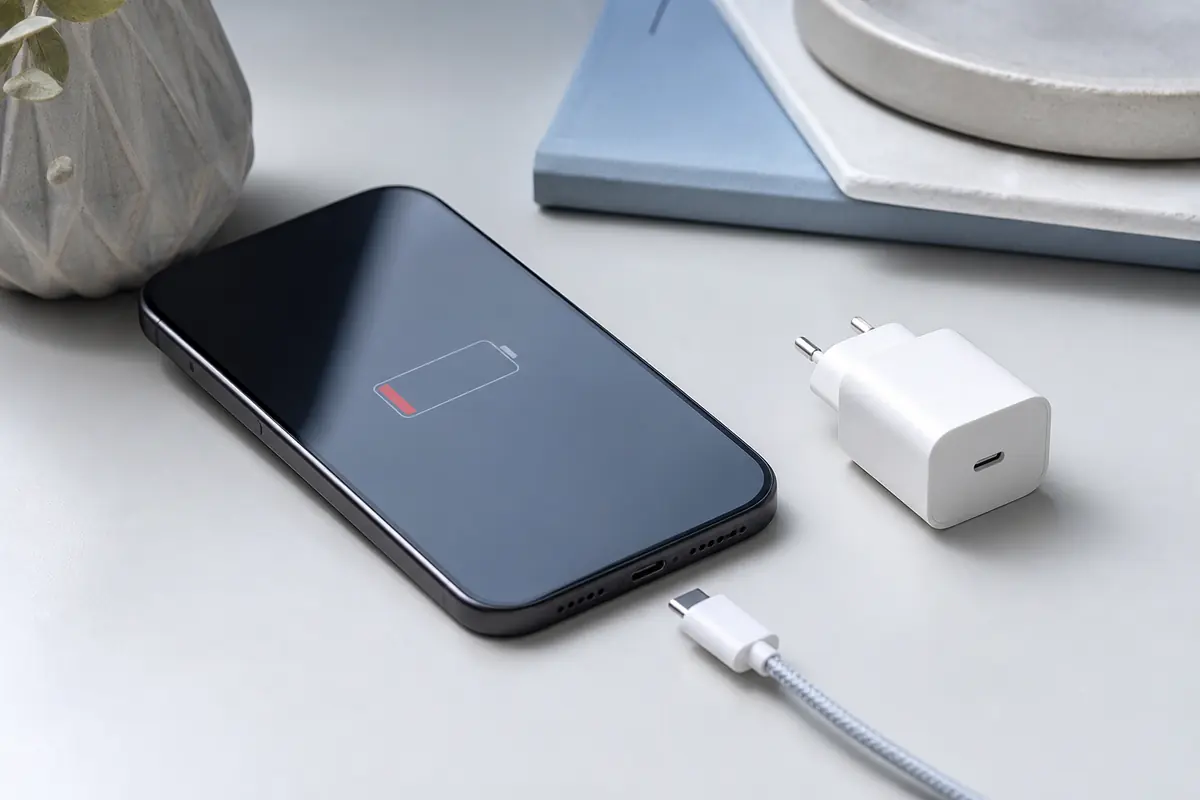 Smartphone mit leerem Akku neben Ladekabel und weißem Netzteil