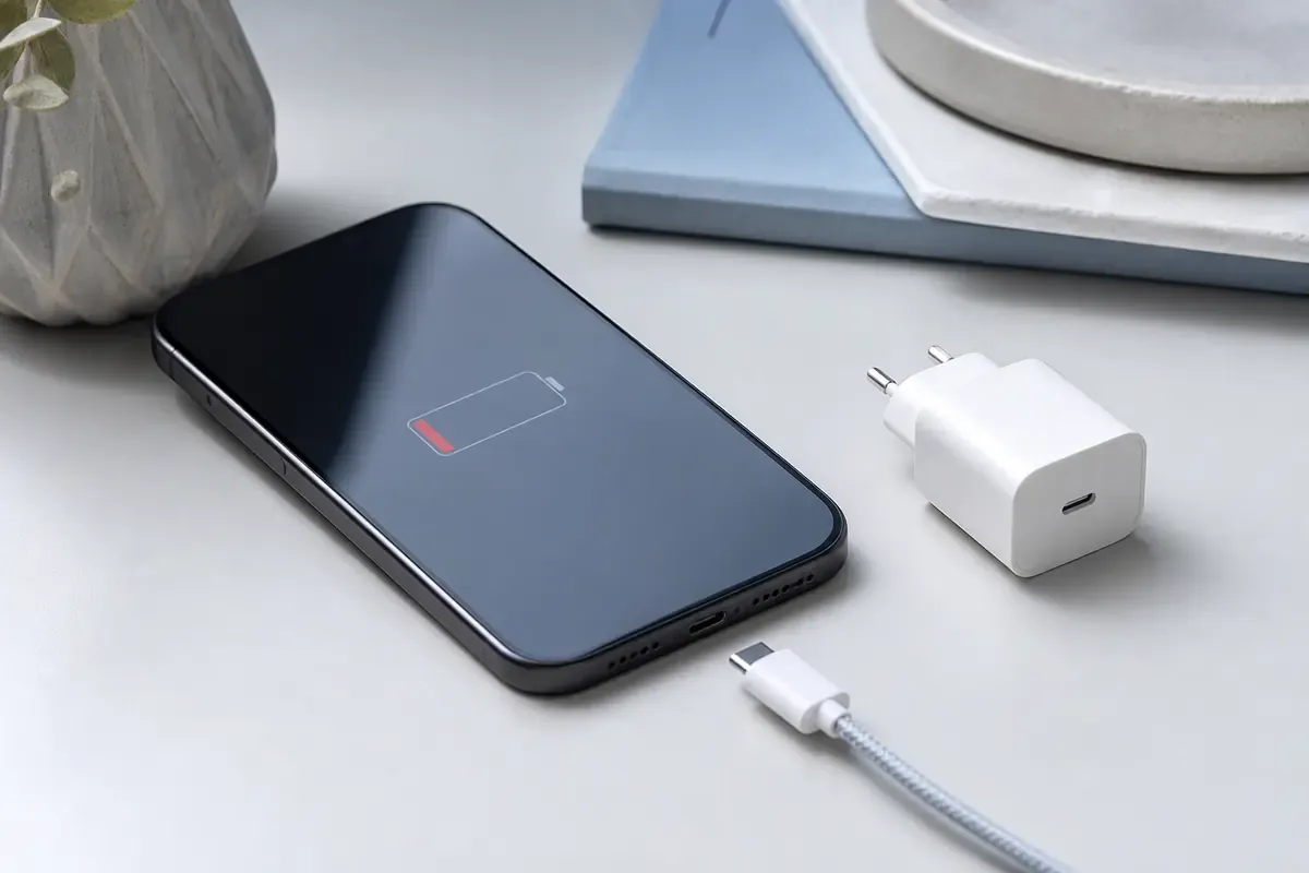 Smartphone mit leerem Akku neben Ladekabel und weißem Netzteil
