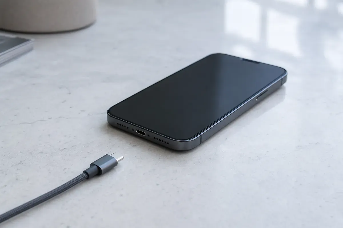 iPhone mit abgedunkeltem Display auf einer hellen Fläche neben einem Ladekabel