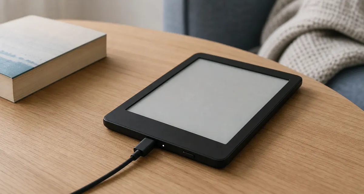 Kindle eReader am USB-Kabel mit Ladeanschluss und Power-Taste im Fokus