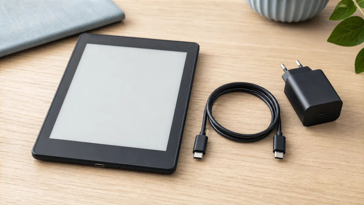 E-Reader mit USB-C-Kabel und passendem Netzteil zur Ladeprüfung