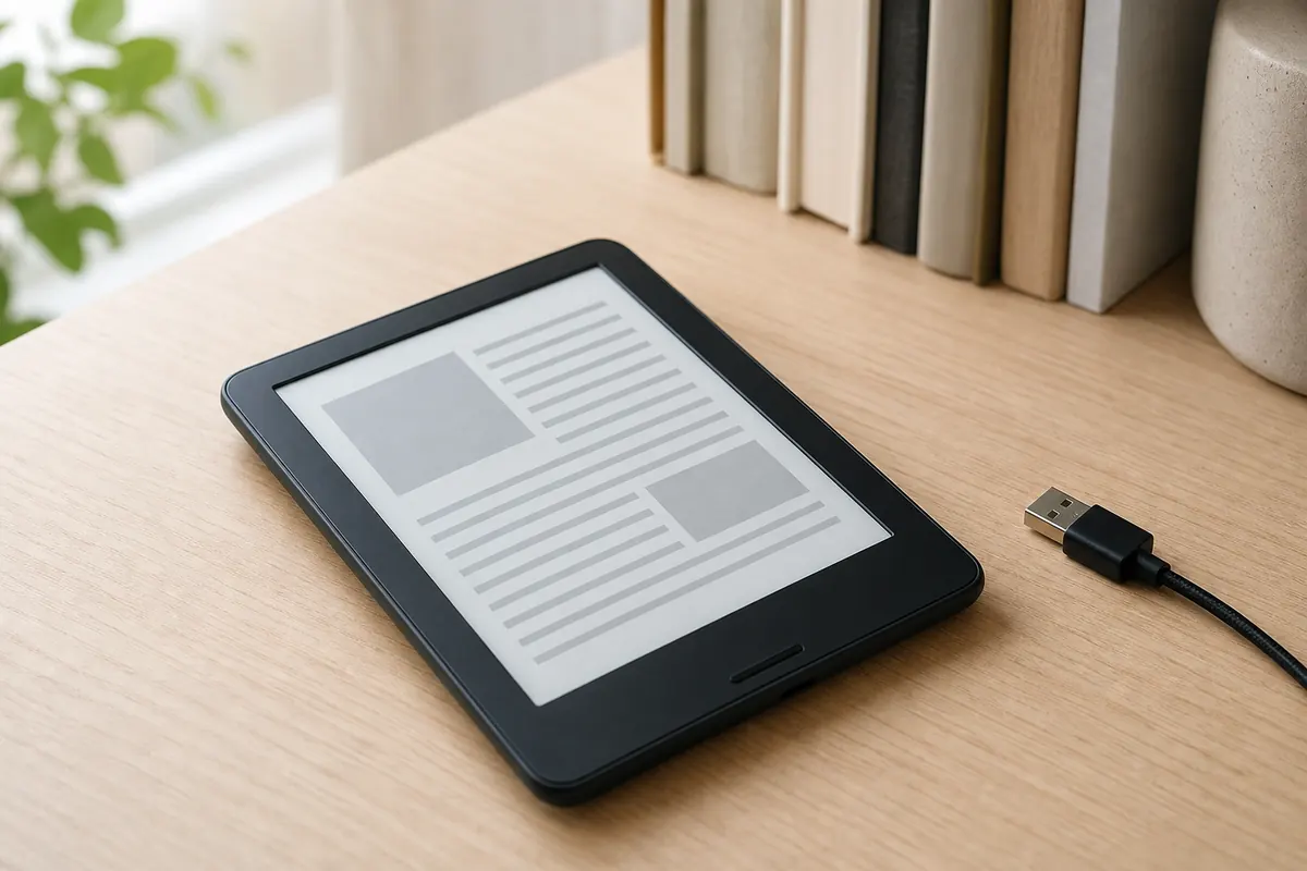 E-Reader mit stehendem E-Ink-Bildschirm neben einem USB-Ladekabel