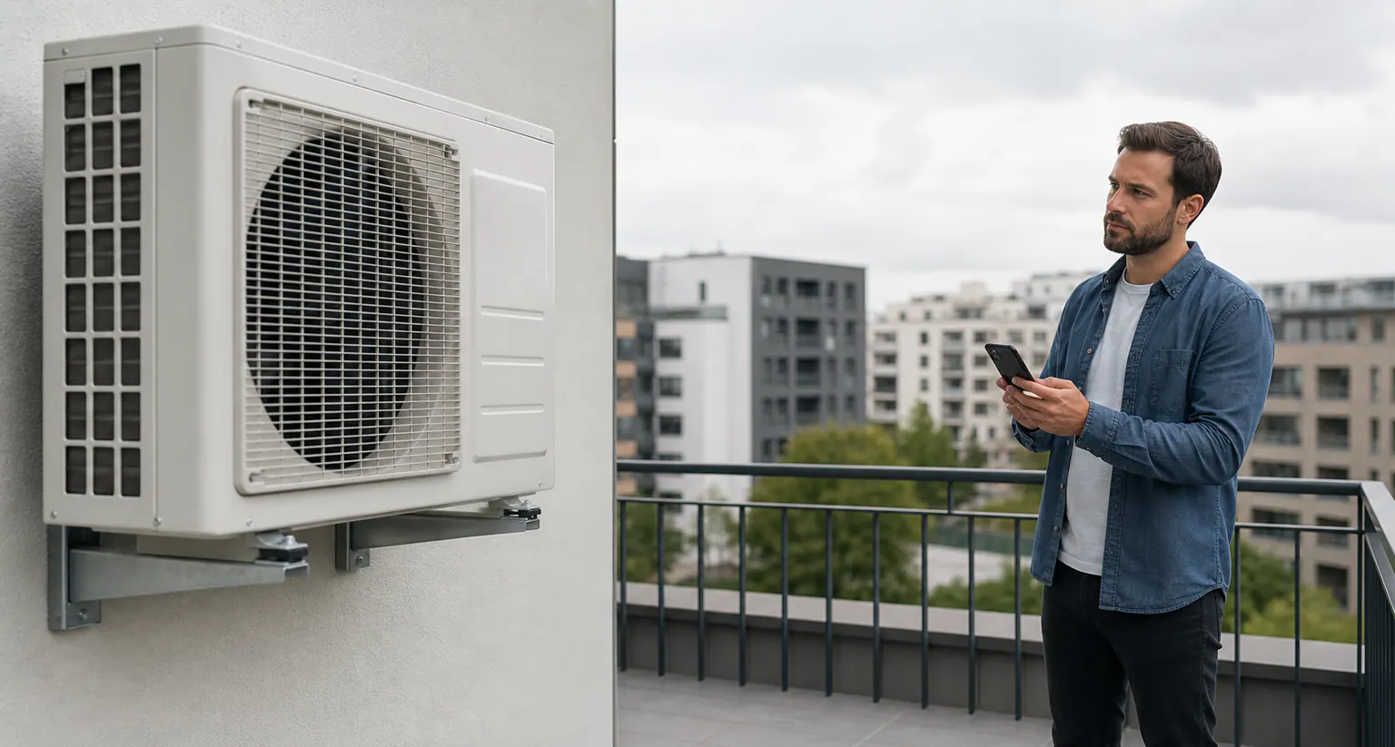 Mann dokumentiert aus sicherer Entfernung ein brummendes Außengerät auf einem Balkon