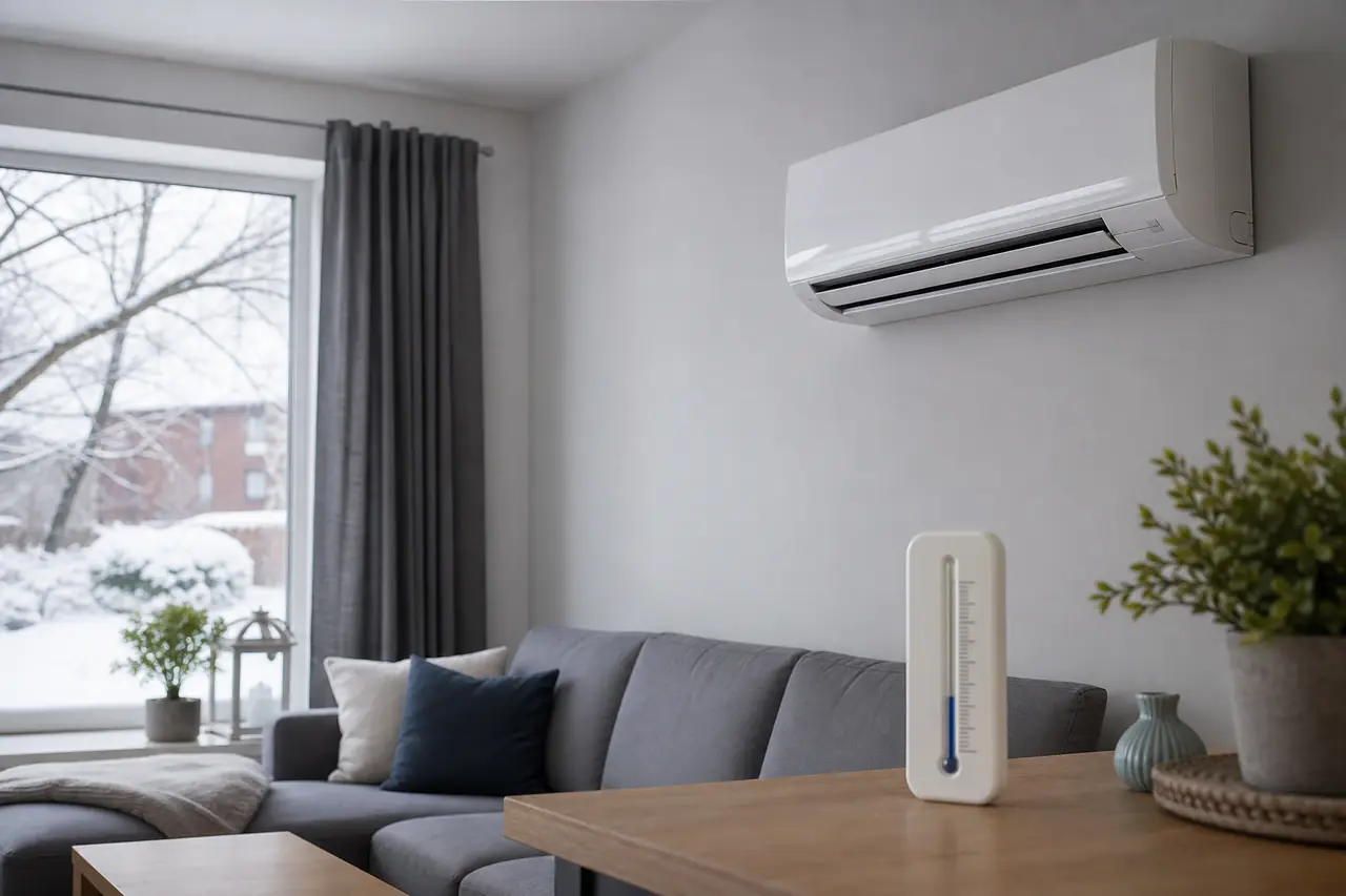 Klimaanlagen-Innengerät über einem Wohnraumthermometer an einem kalten Tag