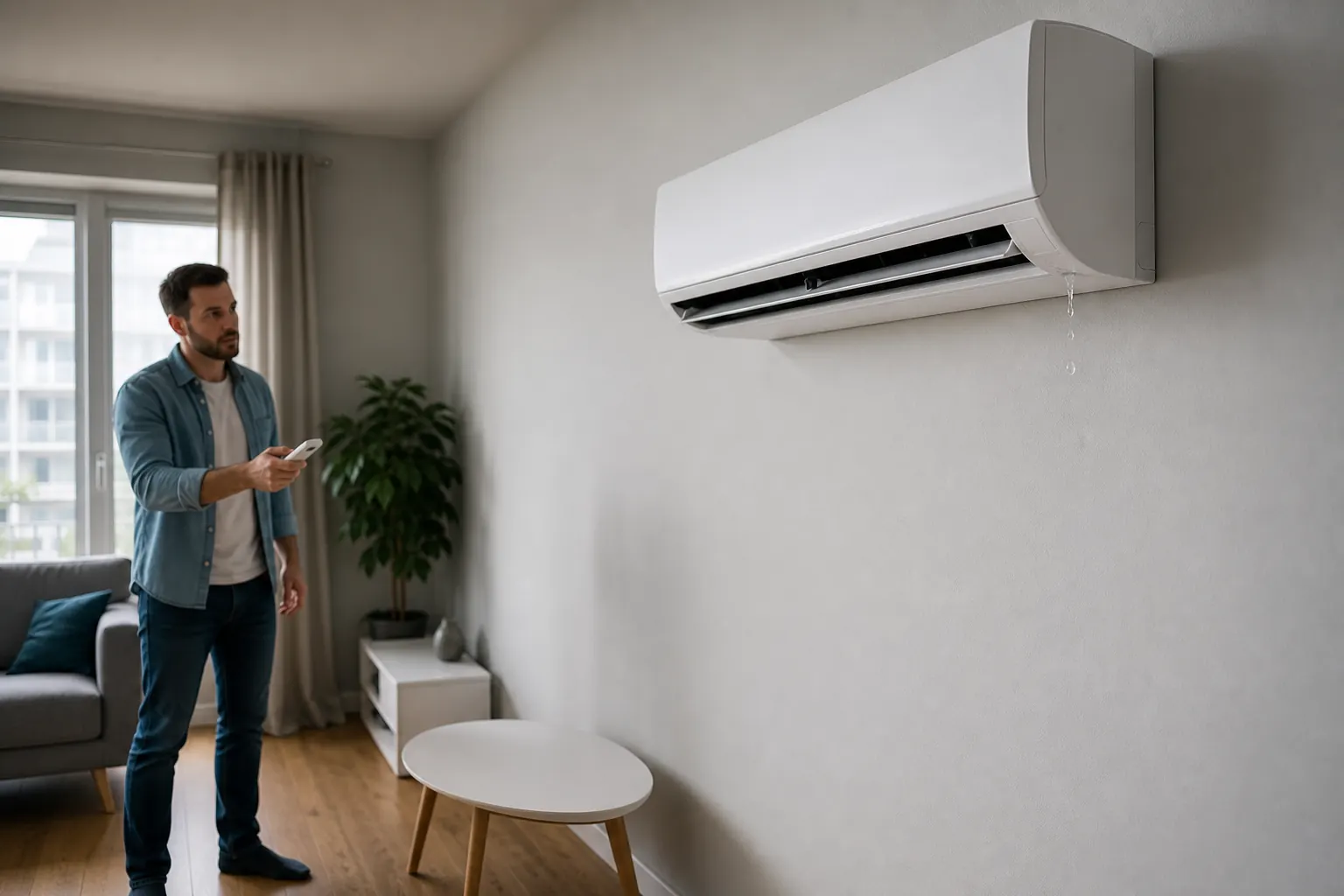 Ausgeschaltete Wandklimaanlage mit wenigen Wassertropfen an einer unteren Ecke