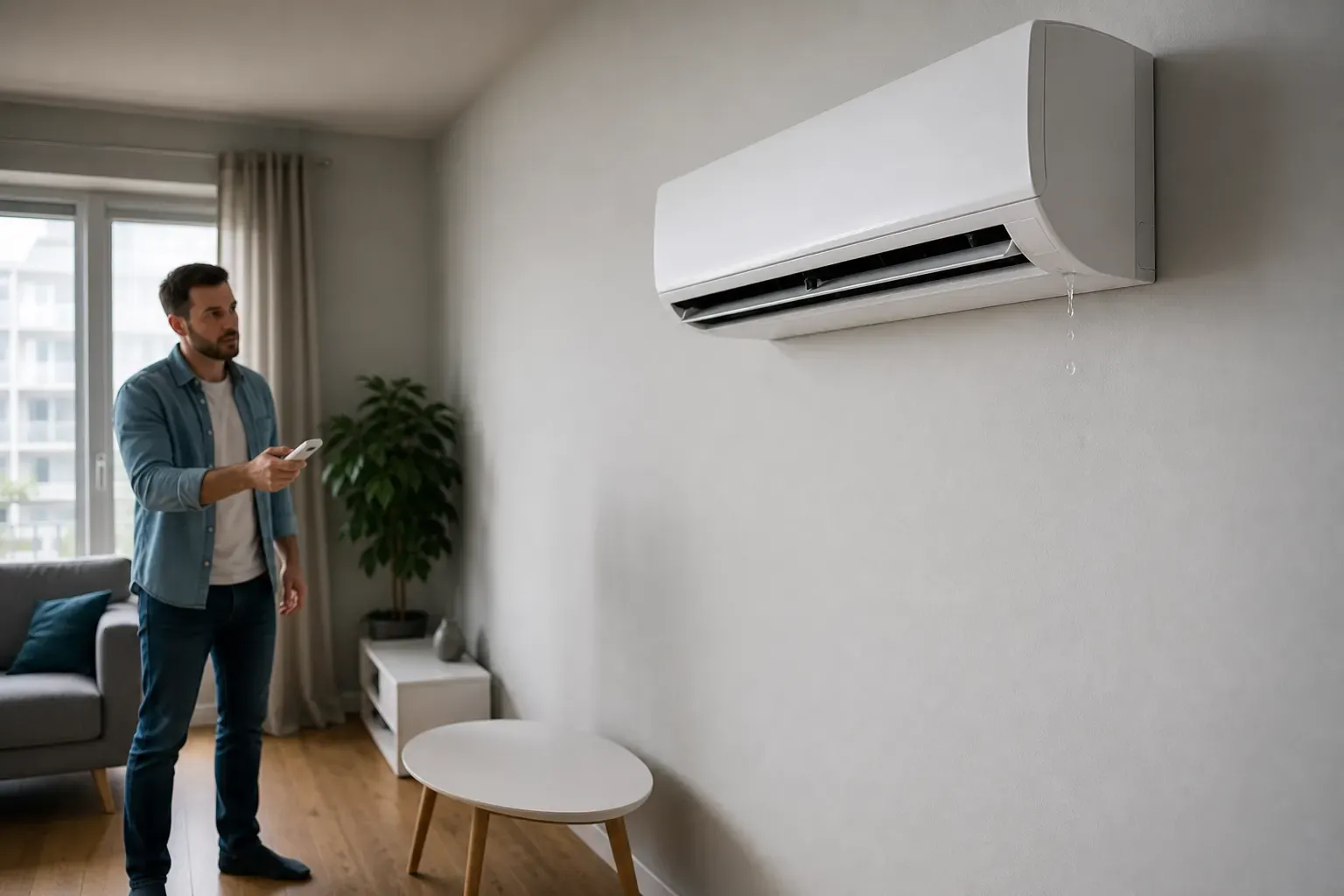 Ausgeschaltete Wandklimaanlage mit wenigen Wassertropfen an einer unteren Ecke