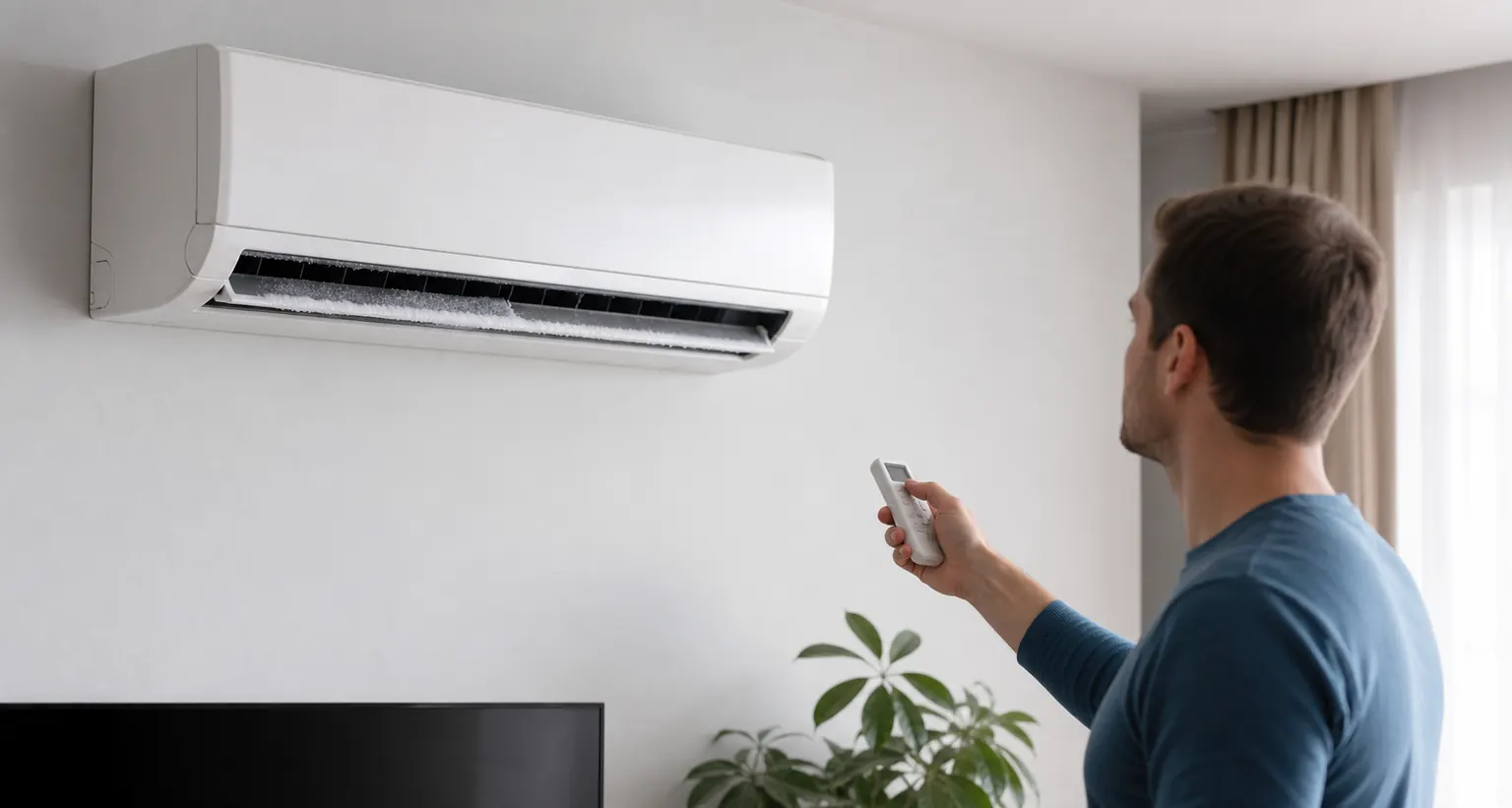 Mann schaltet eine Wandklimaanlage mit sichtbarem Frost am Luftauslass aus