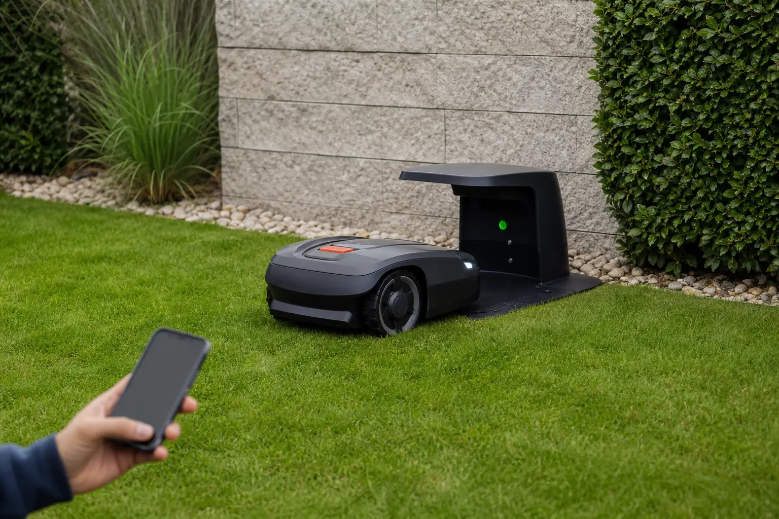 Markenfreier Mähroboter vor einer Ladestation, davor eine Hand mit Smartphone