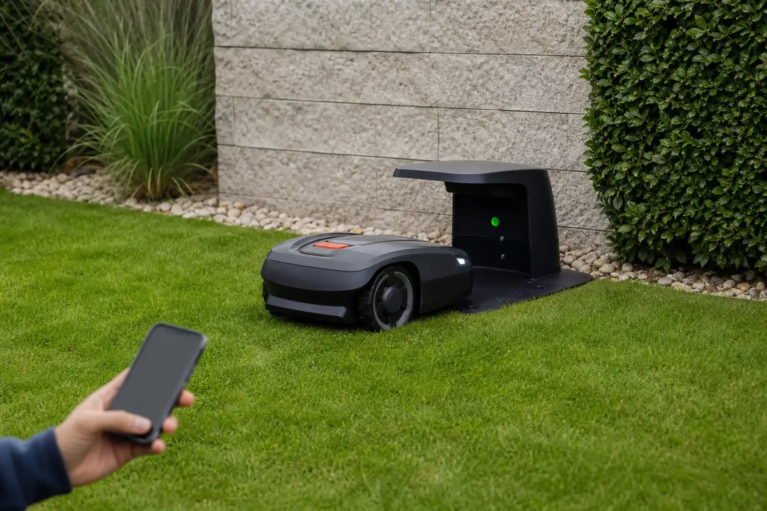Markenfreier Mähroboter vor einer Ladestation, davor eine Hand mit Smartphone