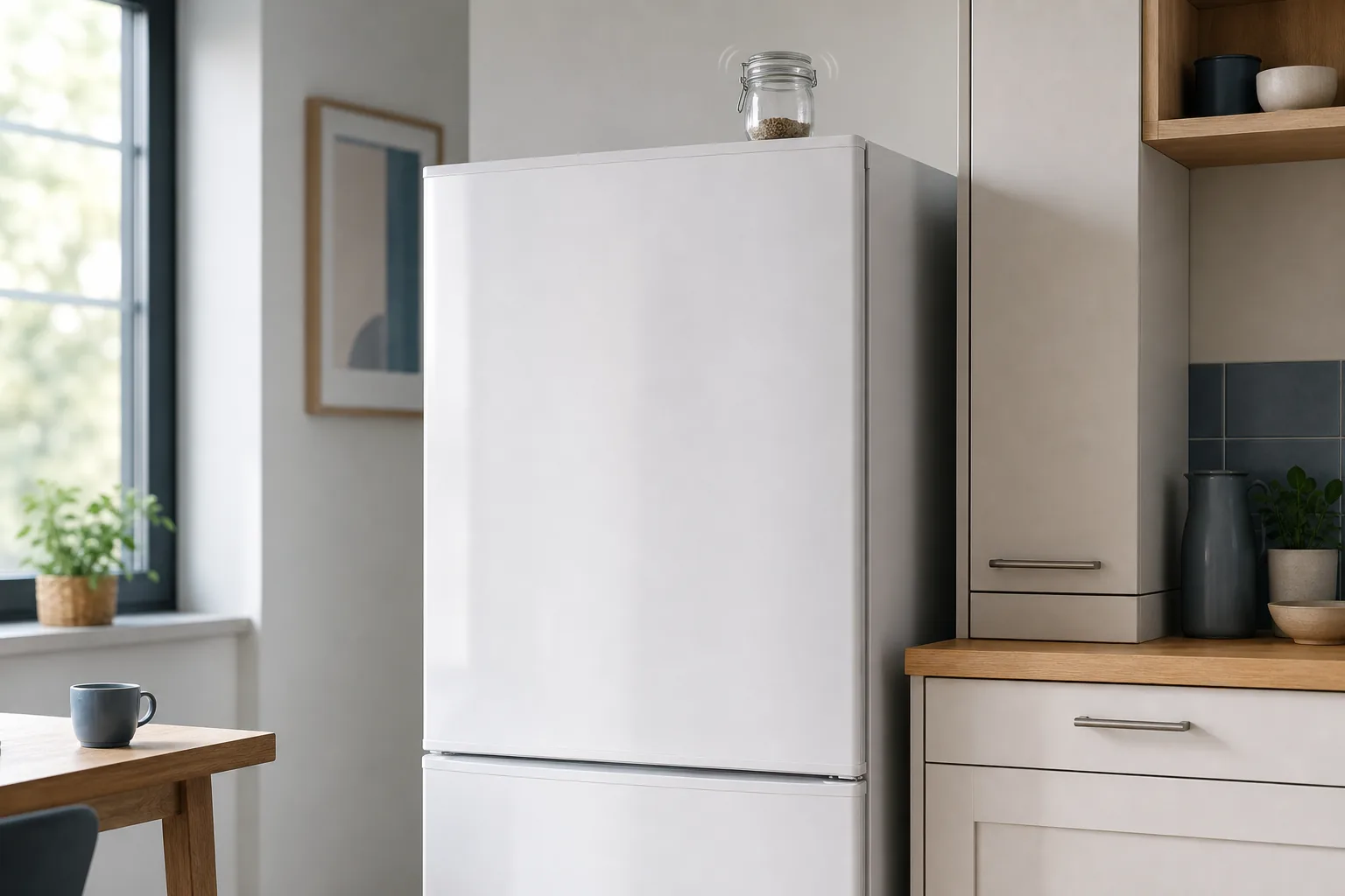 Geschlossener Kühlschrank mit einem kleinen Glas auf der Oberseite